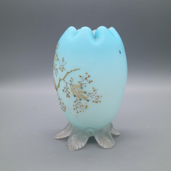 Antique Victorian Stevens & Williams Webb Blue Cased Painted Satin Glass Vase - Picture 4 of 9